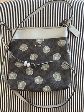 COACH Gray Floral Print Crossbody Bag with Light Gray Trim